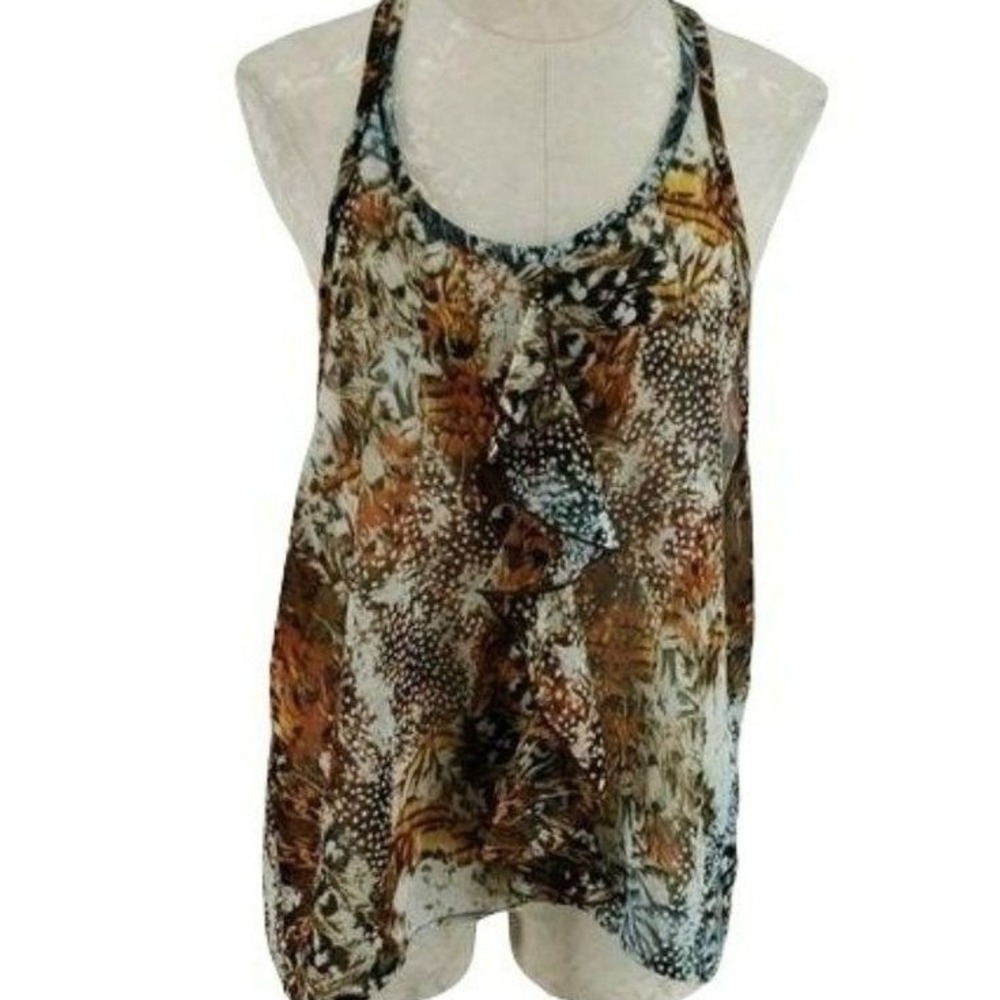 The Arte by Zenana Feather Print Ruffle Tank Top Womens Large Brown Excellent
